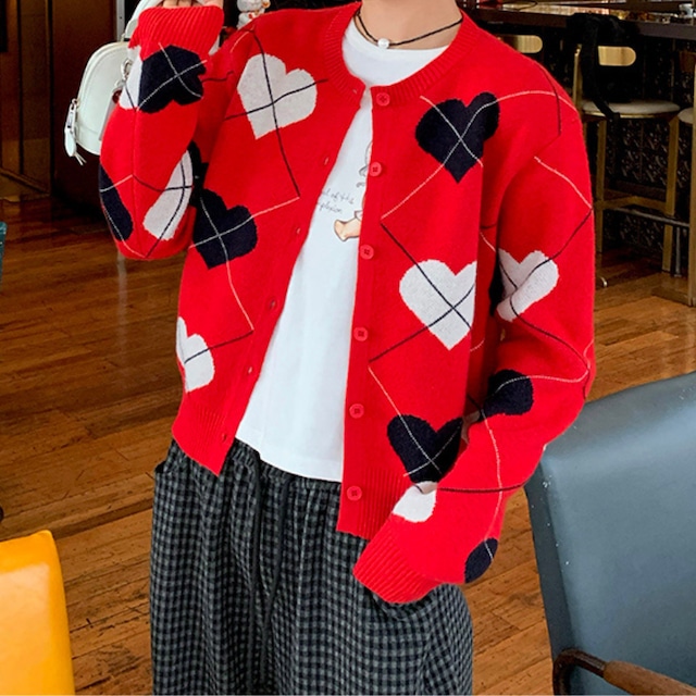 classic heart argyle knit cardigan【3color】  e1763