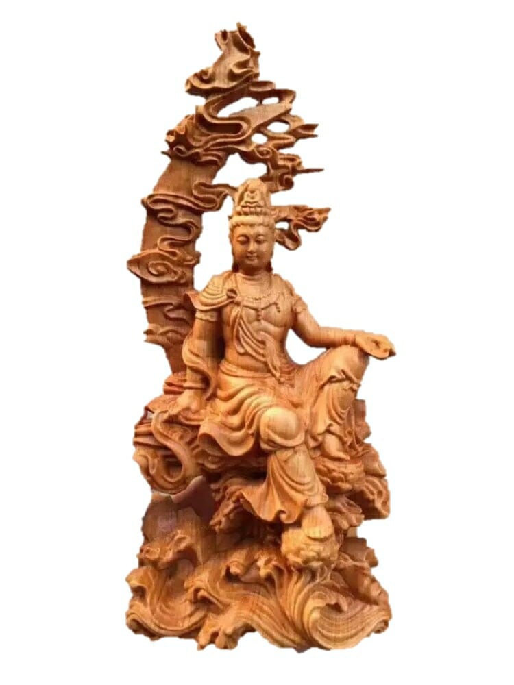 木彫仏像 極彩色絵 木彫り 置物 伝統美術品 木製彫刻 仏壇 お供え 菩薩像