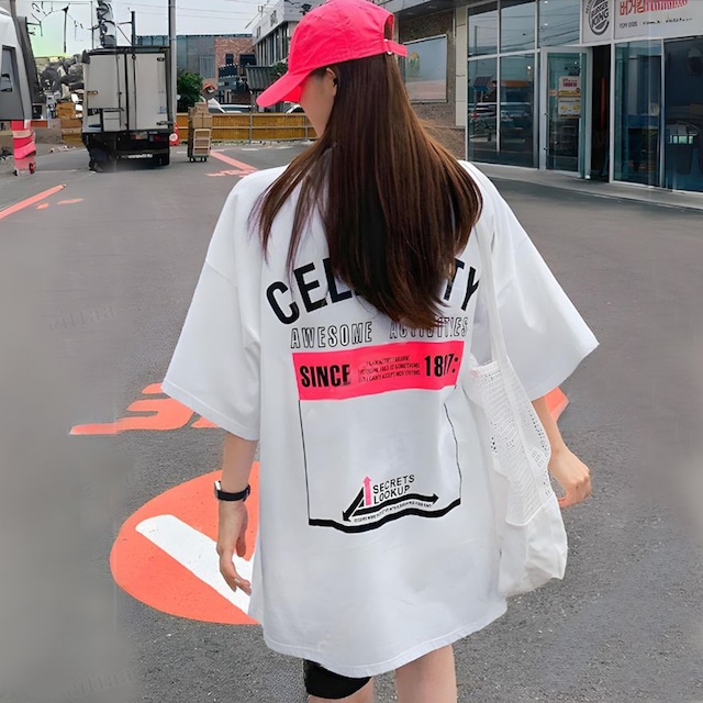 【予約】Y-4995　2026夏新作♡CELEBRITYネオンカラープリント半袖オーバーサイズTシャツ　ホワイト　0710