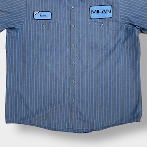 ARAMARK MEXICO製 USA素材 ストライプ 半袖シャツ ワークシャツ ワッペン XL ビッグサイズ ワーク系 企業ロゴ 企業系 アラマーク US古着