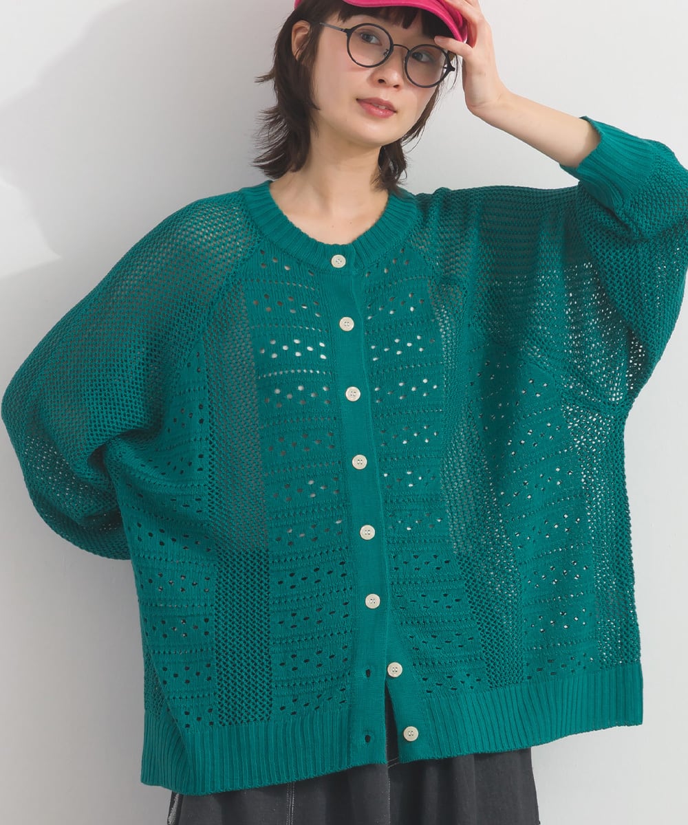 B261068 コットンライクアクリル前後2WAY透かし柄カーディガン