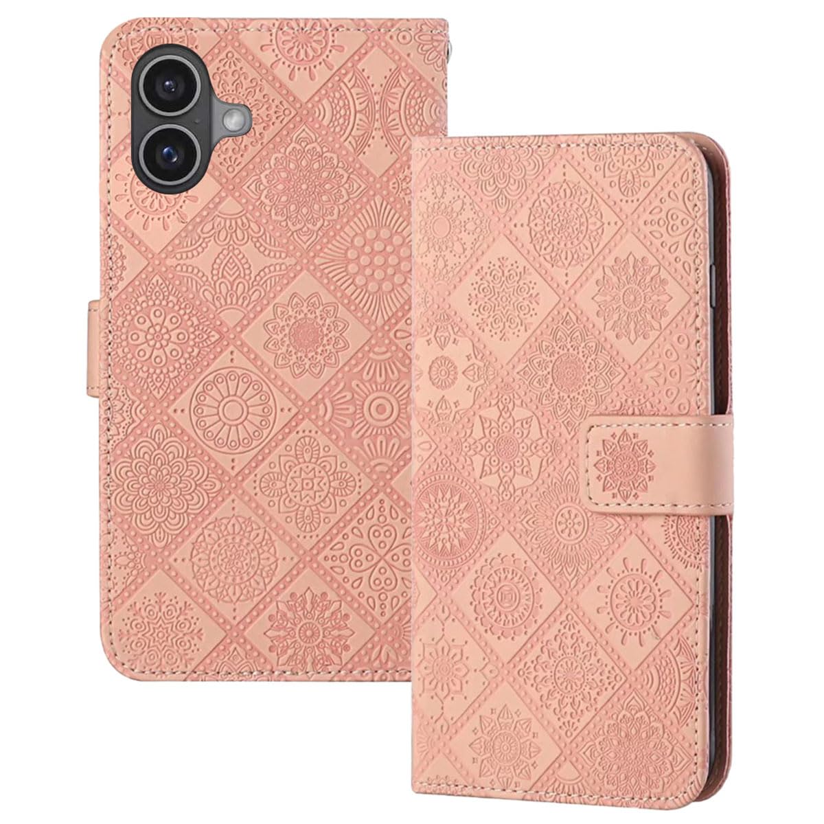 【MIKKA】iphone17用ケース 手帳型 アラベスク 風水 カード収納 マグネット式 スタンド機能 高級PUレザー エンボス加工 (ピンク, iphone17用)