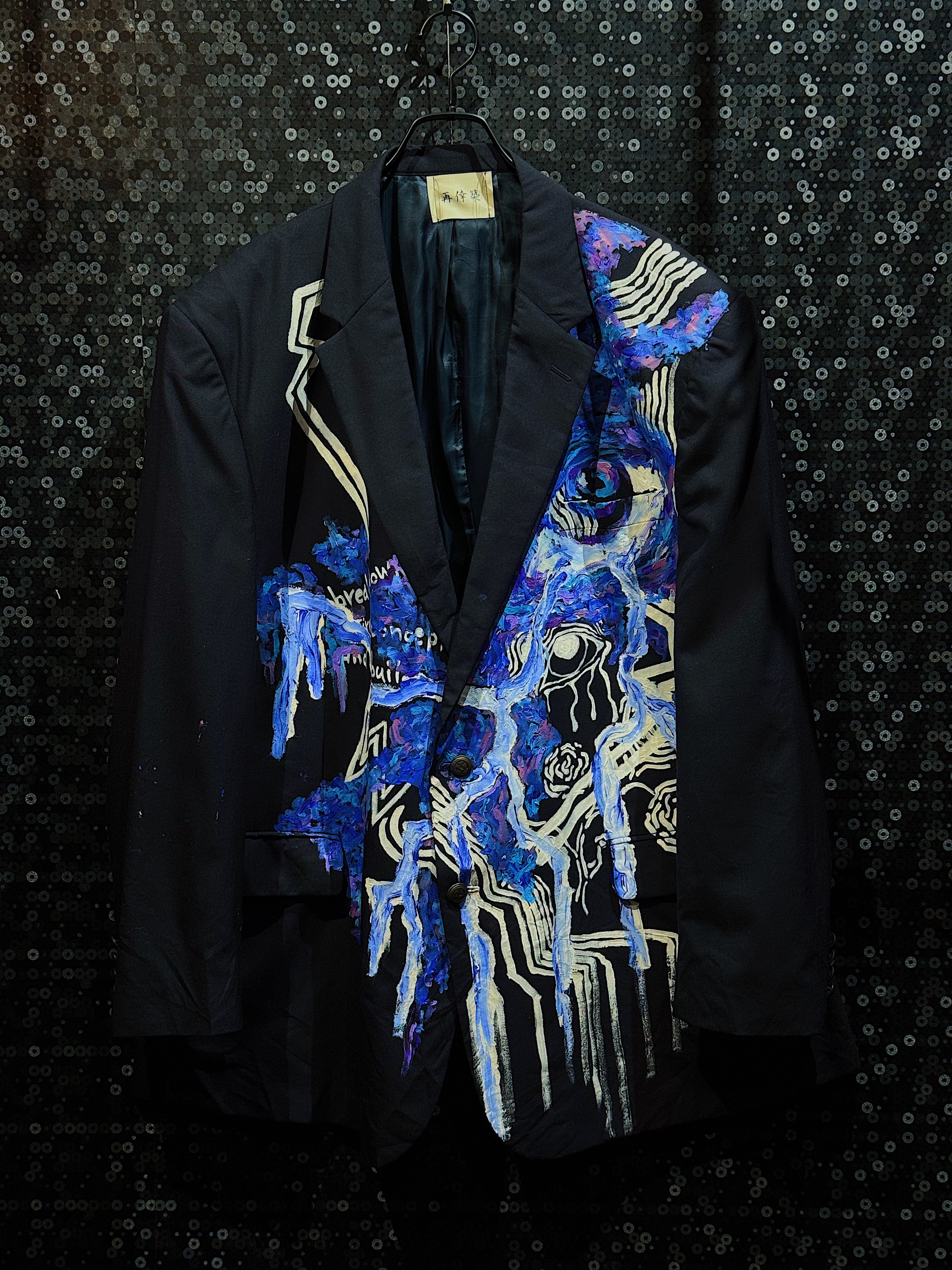【ÆIEM】"再倖築"vintage "Blue Spiral and Droplets" paint remake long tailored jacket