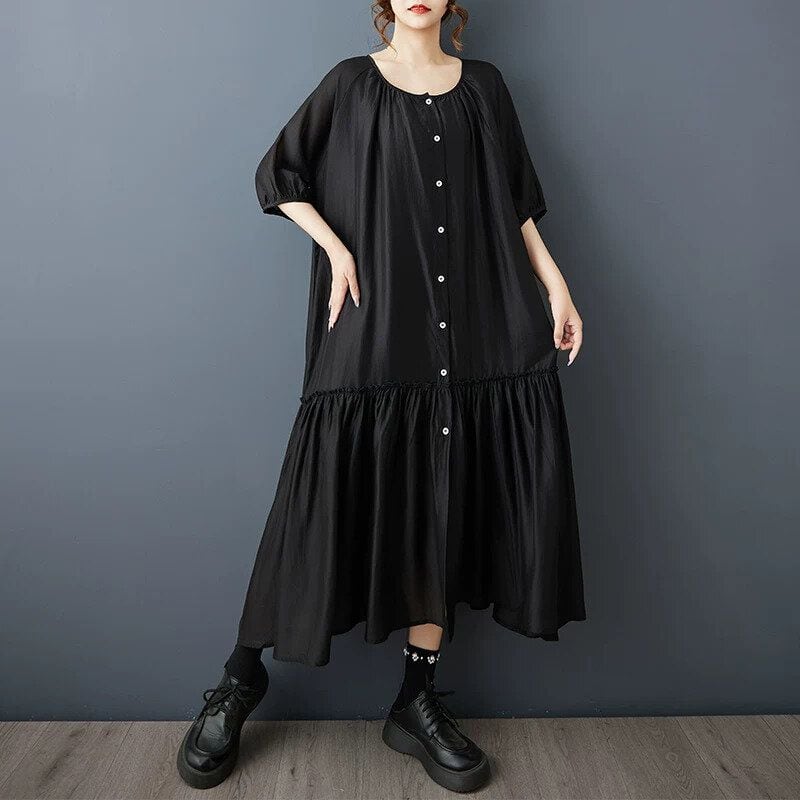 BLACK BOAT NECK 3/4 SLEEVES MIDI DESIGN DRESS 1color M-16402