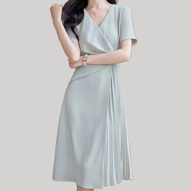 V neck waist shape pleated design short sleeve dress　00169
