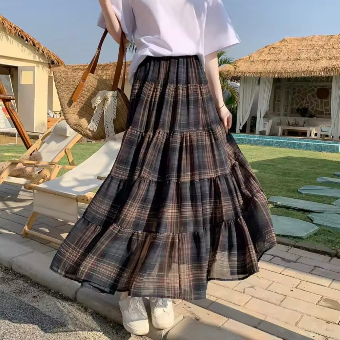brown check chiffon skirt