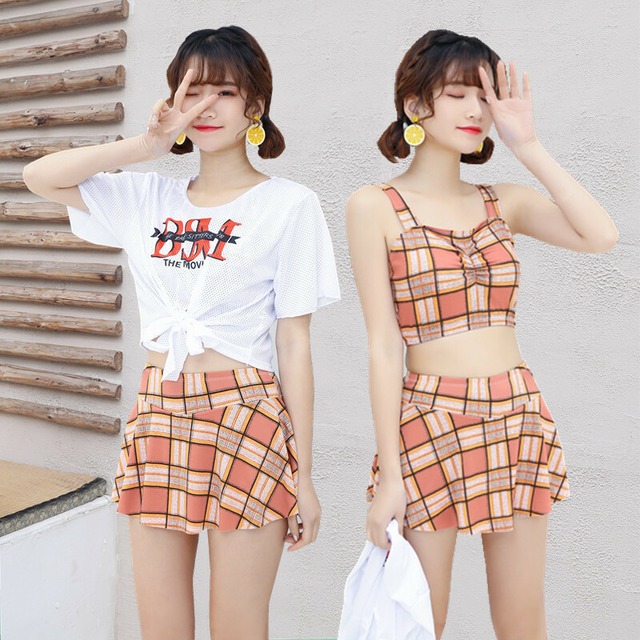 即納 水着 ３点セット 体型カバー トップス チェック チェック柄 パステル Tシャツ タンキニ スポーティー 英字ロゴ ビキニ 女の子 水着 ストリート系 可愛い ショートパンツ スポーツ 中学生 ジュニア 10代 代 プール 海 夏 新作 S M L Xl グレー オレンジ