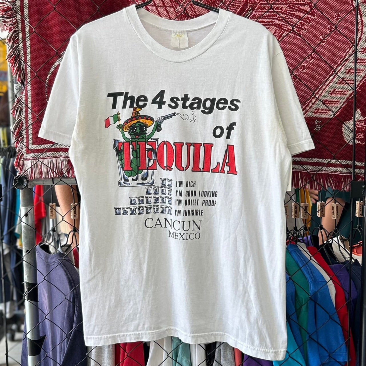 企業系 The 4 stages of TEQUILA テキーラ キャラクター メキシコ デザイン プリント 半袖Tシャツ L 古着 古着屋 埼玉  ストリート オンライン 通販 アメカジ ヴィンテージ