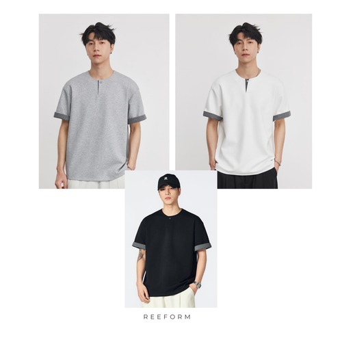 チェック柄 パッチワーク Vネック Tシャツ/ブラック-26SP-033