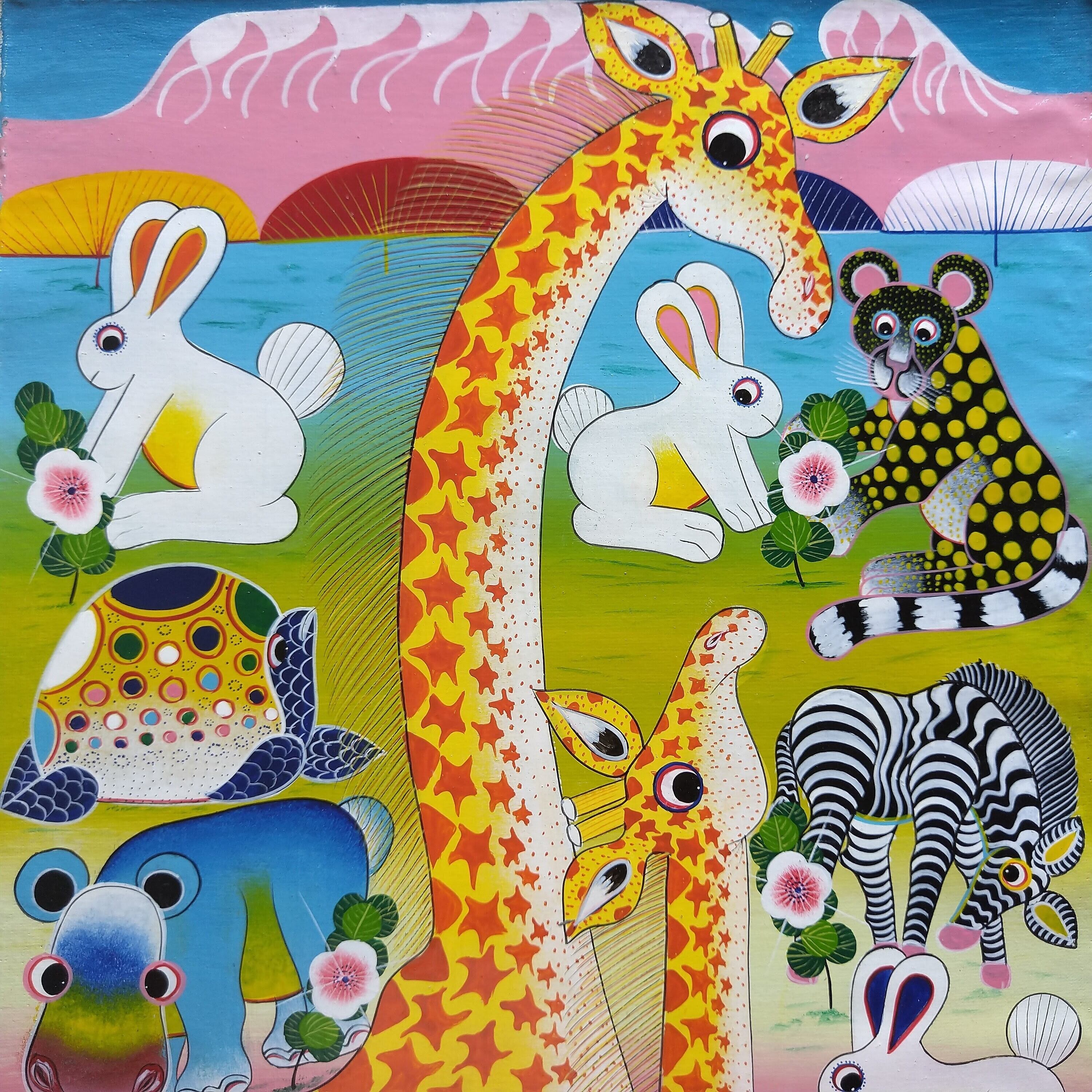 『 Twiga and animals 』Long-Tingatinga by Yaphidu 30*70cm