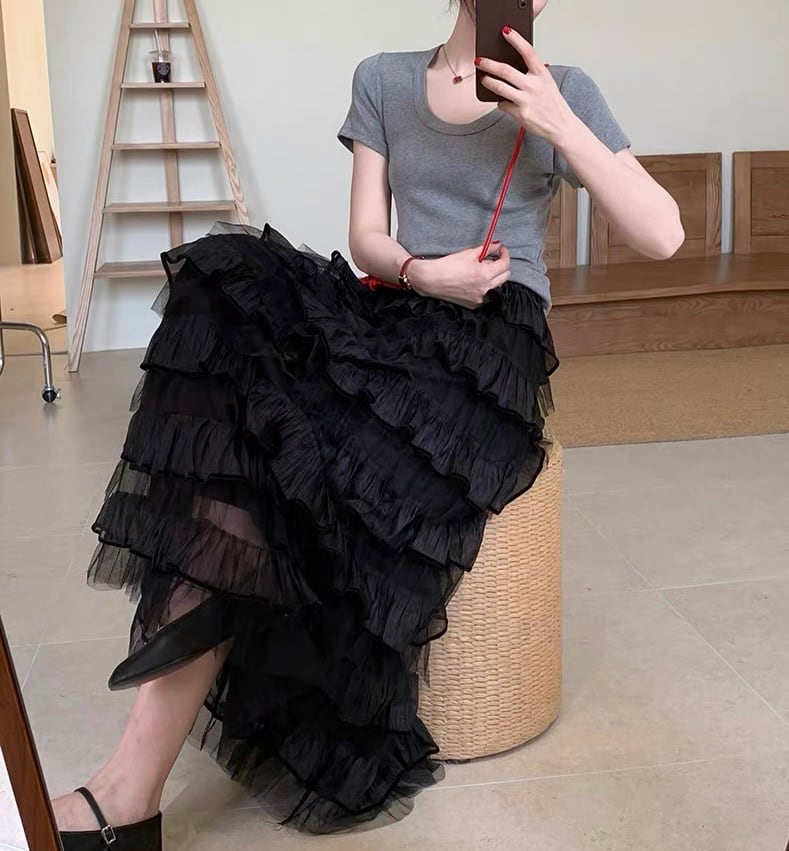 Tulle Tiered Ruffle Long Skirt 【M260081】 | Molabella