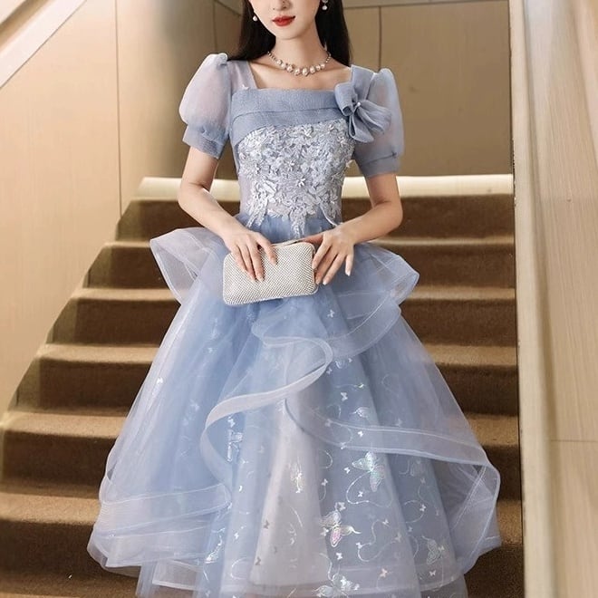 パーティ ドレス チュール レイヤード 編み上げ ロング/イブニング(M9284)ε