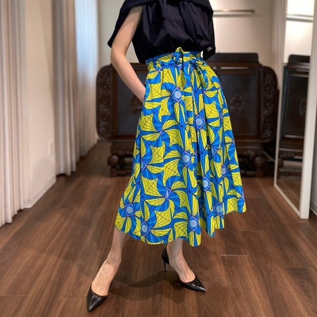 cotton print flare skirt yellow/blue