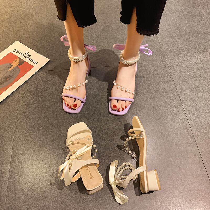 サンダルハイヒールサマースタイルパールレース 靴 シューズ 夏物 真珠 フェイクシューズ41873621507