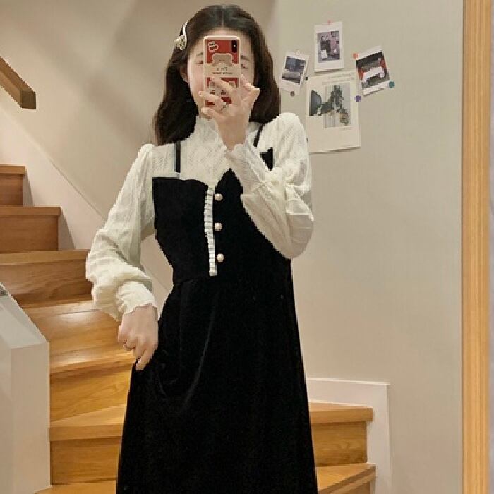 【新作】【送料無料】 [ゴールドベルベット] フレンチベルベット フェイクツーピースドレス レディース デザイン ニッチ 優しいスタイル おしゃれ 黒 ロングドレス 0292545194644