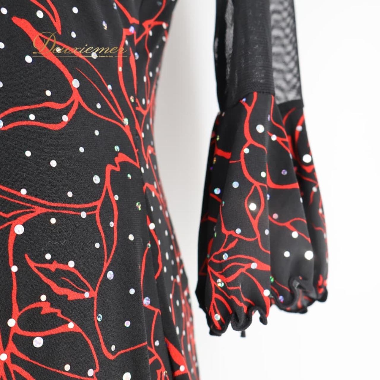 社交ダンス 衣装 JUN FASHION ドレス ワンピース ブラック系 花 花柄 ホログラム キラキラ レース 透け感 上品 練習 レッスン 黒 赤 伸縮 ストレッチ ダンス衣装 イベント ステージ パーティー レディース 柄 模様 レッド系