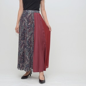 【3素材切替え】ペイズリー＆無地フレアーロングスカート  ‐ LER-1958G ワイン系 ‐