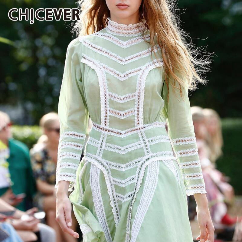 CHICEVERAラインドレス女性スタンドカラー長袖ウエストオータムホローアウトドレス ロング 秋物 6base51947615261