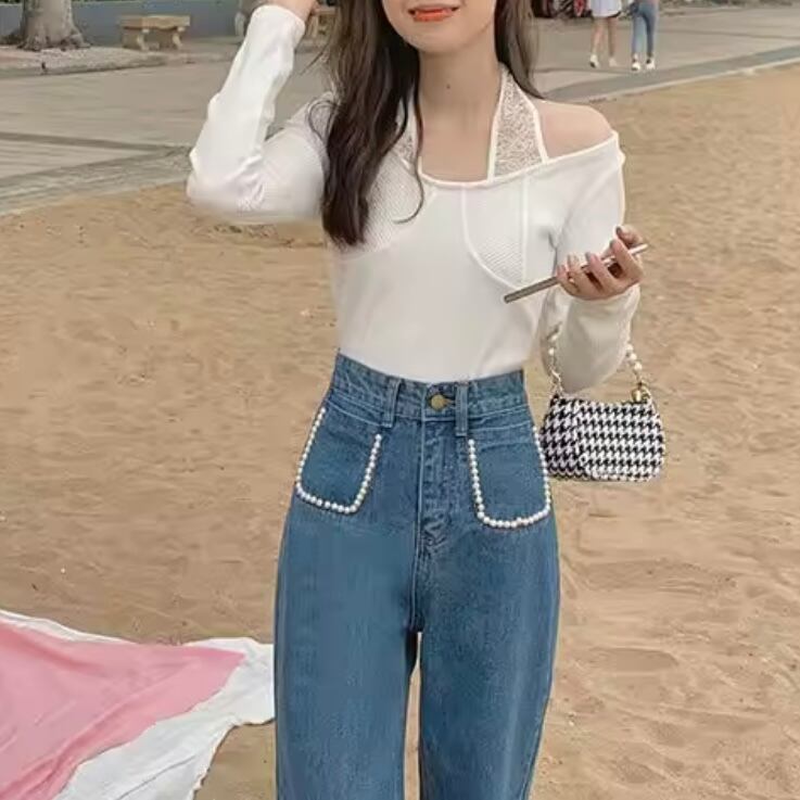 ガーリーパールストレートデニム