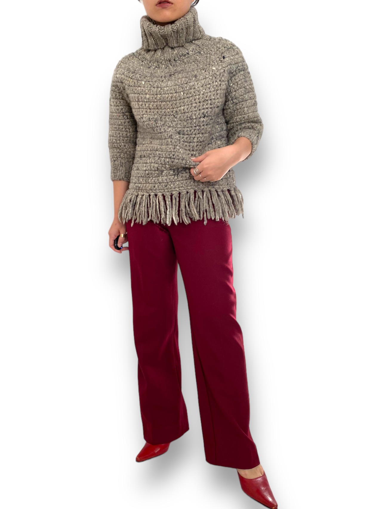 Fringe design turtleneck knit