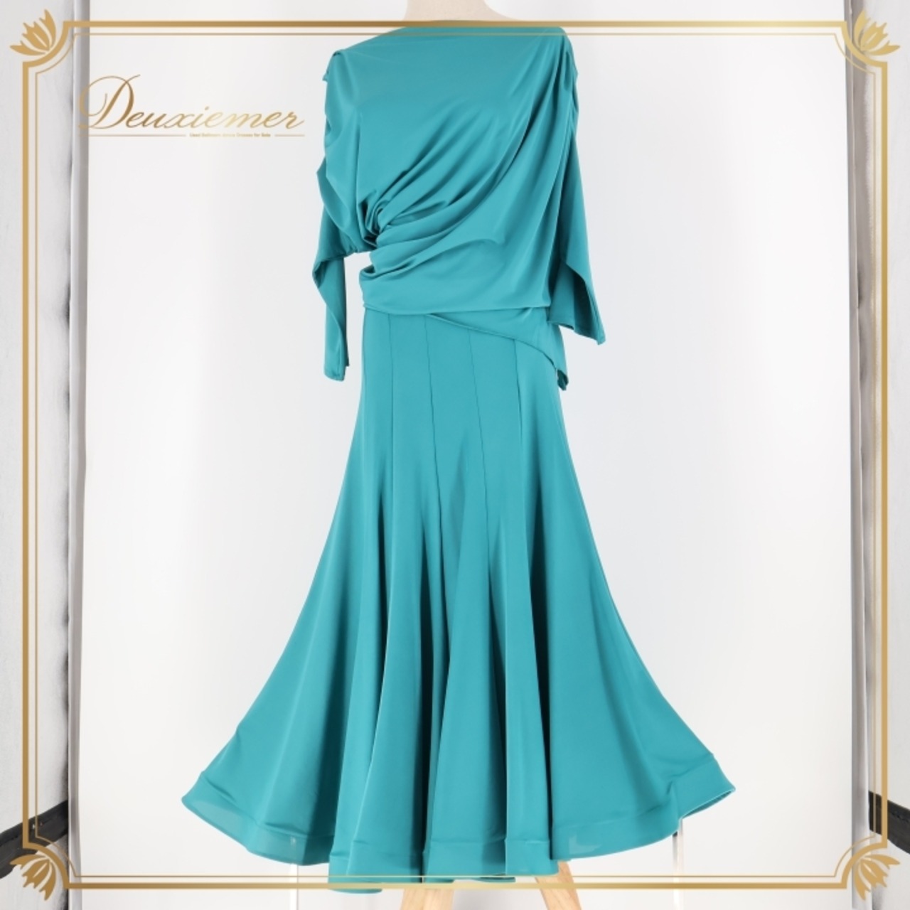 社交ダンス 衣装 トップス ブラウス スカート ツーピース セットアップ グリーン系 ブルー系 kanae dance 青緑 グリーン ブルー 無地 伸縮 ストレッチ パーティ 発表会 レッスン 練習着 おしゃれ 軽い レディース Mサイズ セットアップ衣装 舞台衣装 シンプル