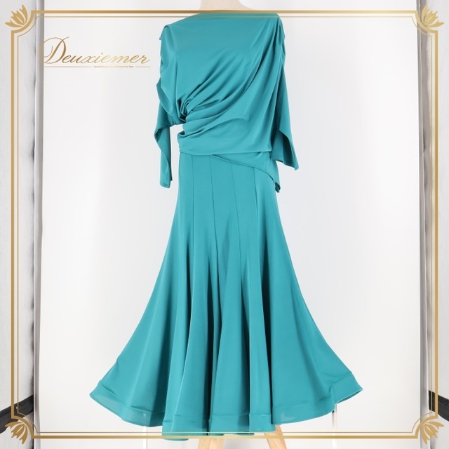 社交ダンス 衣装 トップス ブラウス スカート ツーピース セットアップ グリーン系 ブルー系 kanae dance 青緑 グリーン ブルー 無地 伸縮 ストレッチ パーティ 発表会 レッスン 練習着 おしゃれ 軽い レディース Mサイズ セットアップ衣装 舞台衣装 シンプル