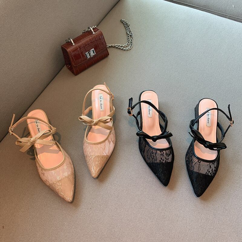 レースリボンミュール 全2色 ローヒール 靴 パンプス リボン レース フェミニン 柔らかい ベージュ ブラック かわいい 人気 レディース 安い 韓国ファッション Sinsakumall