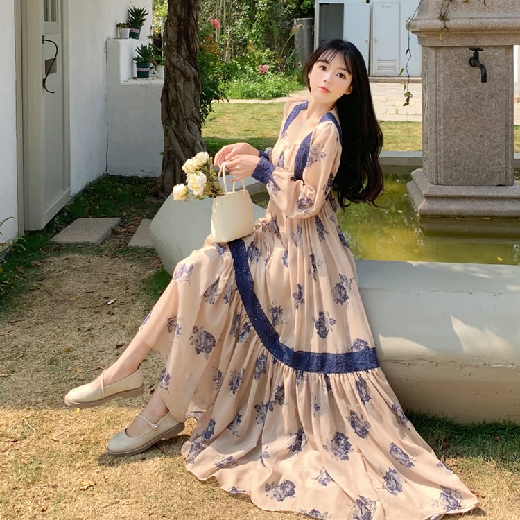 ロングワンピース レディース ロング ワンピース 花柄 スクエアネック