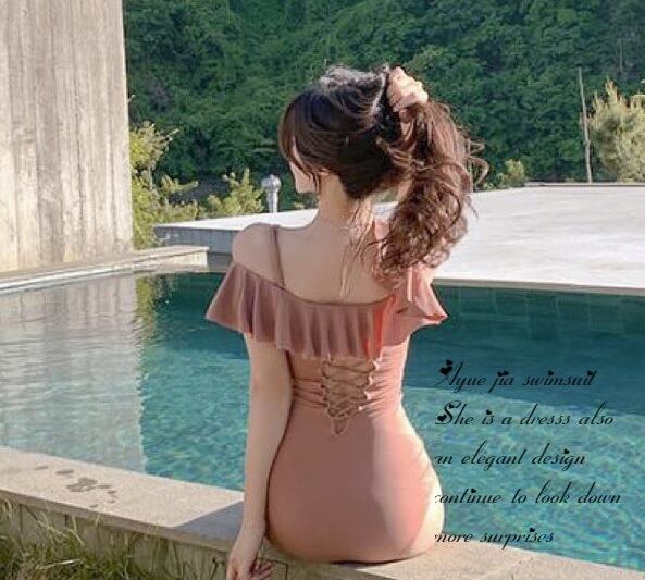 水着 スイムウェア オフショルダー ワンピース水着 フリル バックレースアップ 海 プール ビーチ 体型カバー 韓国ファッション 大人可愛い Luluca 韓国トレンドファッションluluca ルルカ