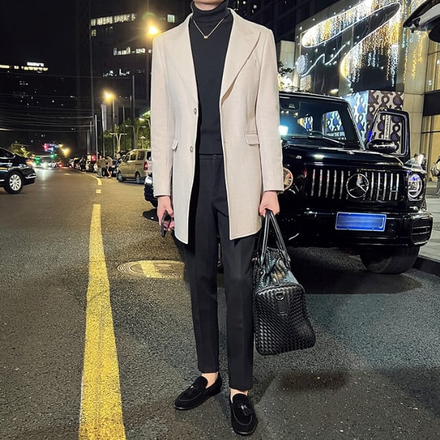 【予約販売】メンズ セットアップ スーツ 無地 ロングジャケット シック スリム シンプル 韓国 男前 グレー/コーヒー/オフホワイト ジャケット パンツ セット セットアップ ビジネス 通勤 フォーマル パーティ 二次会 同窓会 結婚式 韓国 こなれ感 トレンド 大きいサイズ M/L/XL/2XL/3XL