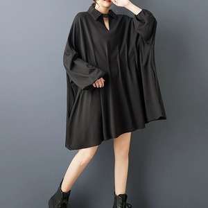 BLACK PLEATED WAIST MINI WIDE PULLOVER DESIGN SHIRT DRESS 1color M-15363