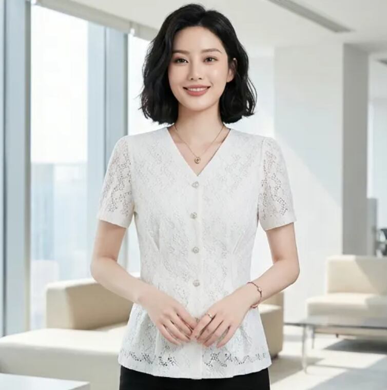 パフスリーブVネックブラウス A1047