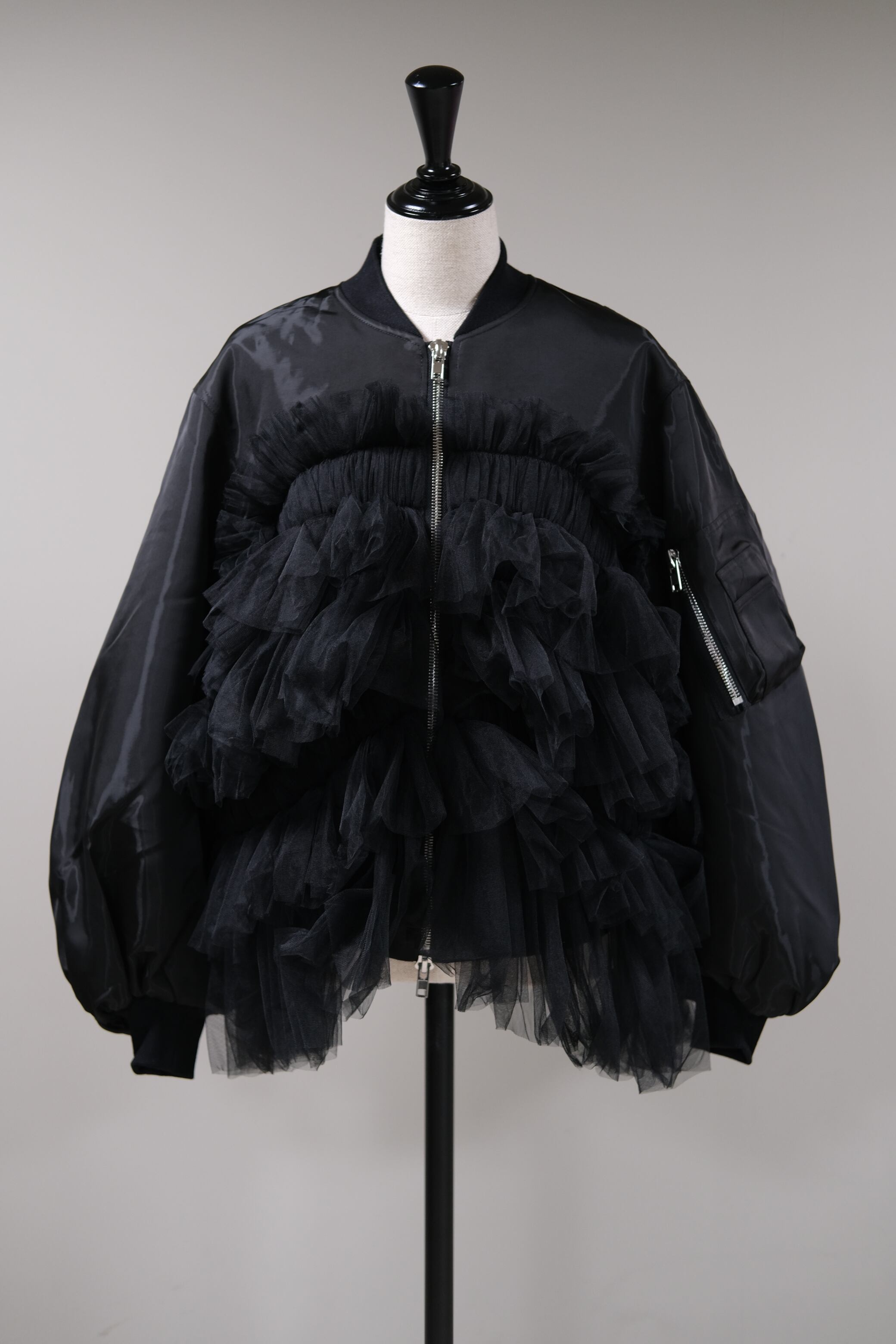【VIVIANO】Gathered Tulle Bomber Jacket