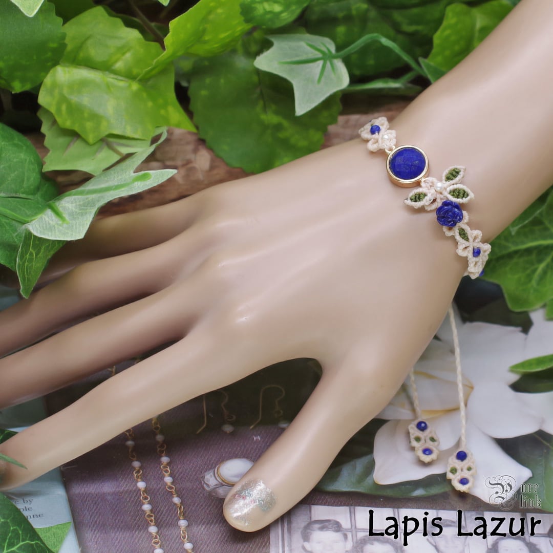 蒼き聖石『ラピスラズリ』青薔薇ハンドメイドマクラメ編みブレスレット