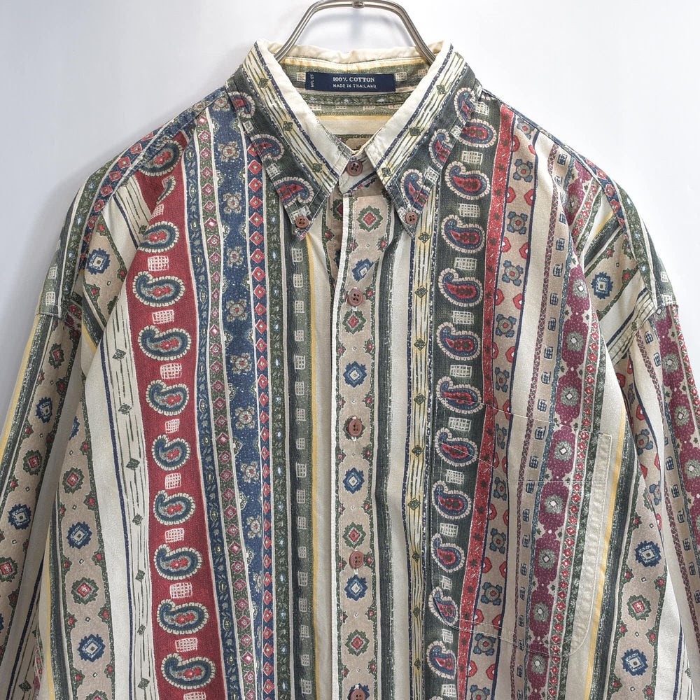 90s~ CHAPS Ralph Lauren チャップス ラルフローレン エスニックストライプ デザイン BDシャツ ヴィンテージ 長袖 ベージュ系 USA アメリカ古着 メンズL相当