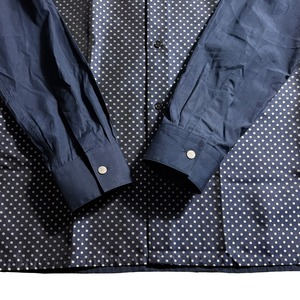 HERMES dot woven silk panel switching dark navy cotton shirt