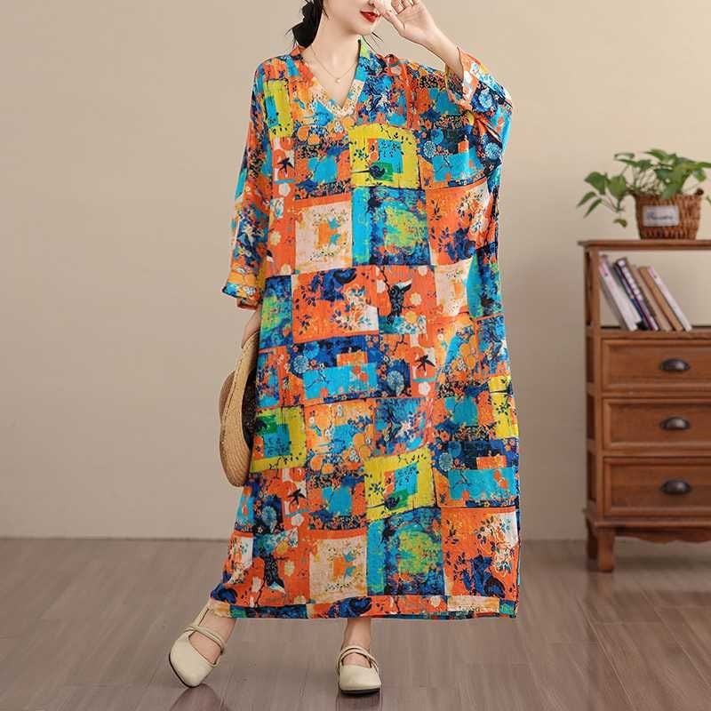 PATCHWORK PRINT V-NECK WIDE MAXI PULLOVER DRESS 1color M-16046