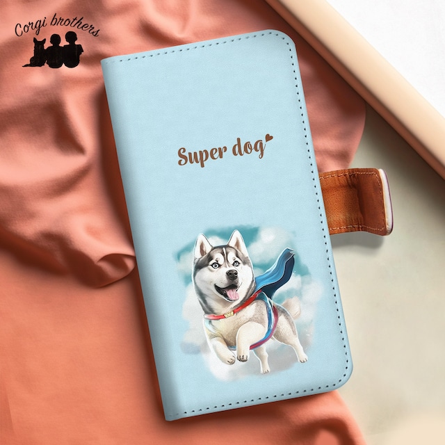 【 ヒーロー シベリアンハスキー 】 手帳 スマホケース　犬　うちの子　プレゼント　ペット　Android対応