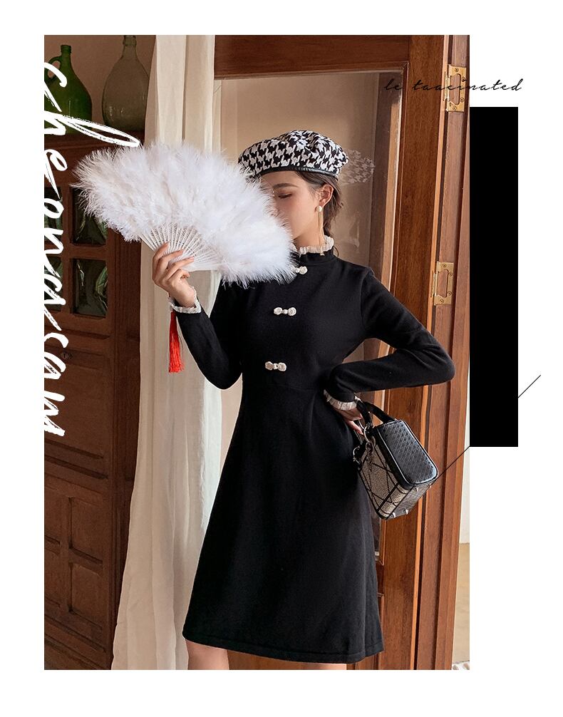 チャイナ風ワンピース チャイナ襟 ノーカラー フリル襟 フリル袖 長袖