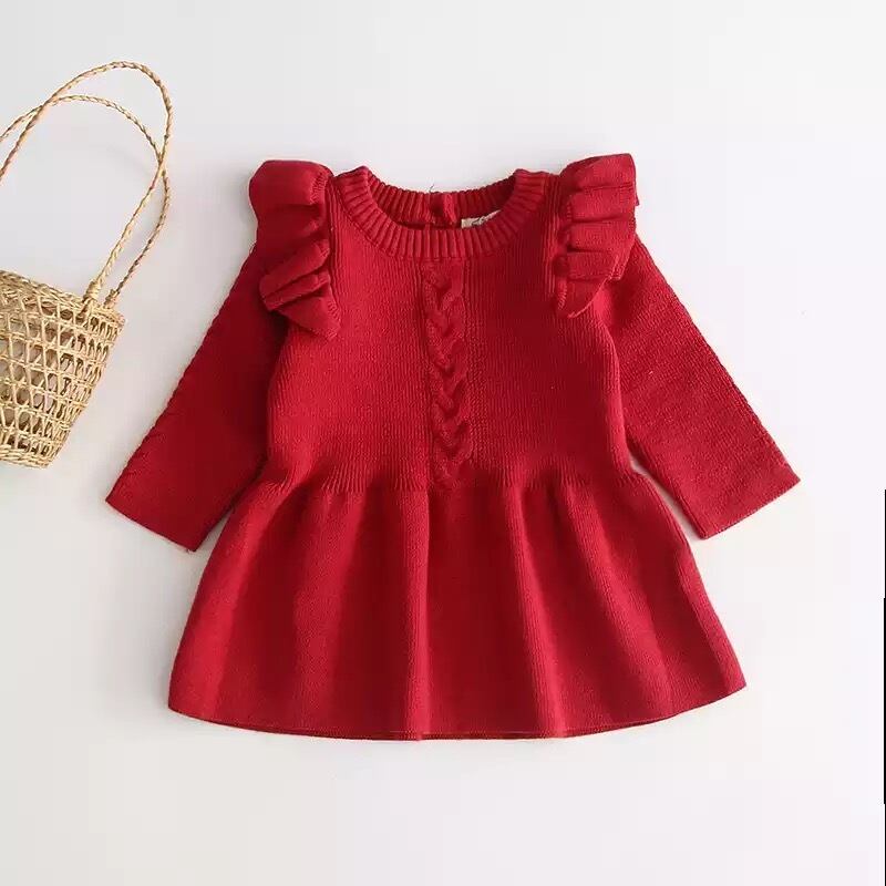 送料無料 女の子 4色 ブラウン 茶 フリル ニット ワンピース 長袖 スカート コットン キッズ ベビー 子供 服 赤ちゃん 0歳 1歳 2歳 3 歳 4歳 5歳 秋 冬 La Preference