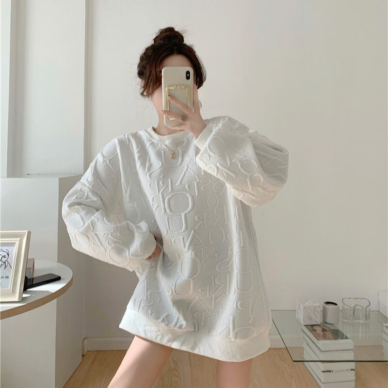 スウェット ジャケット ラウンドネックプルオーバー スプリングオータムホワイトルーズスタイルトップス 春物 秋物 Oネック ブラックストロベリース7428814281