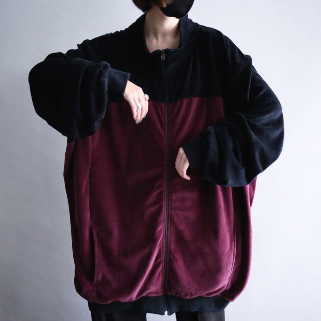 "KINGSIZE" bi-color switching design pile fabric XXXL super over size zip-up blouson