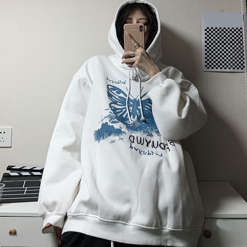 スタイルルーズカジュアルセーター ロングスタンダードButterflyデザイン プリント柄ベルベットフードトップス レトロ かわいい ケッペル96370965022