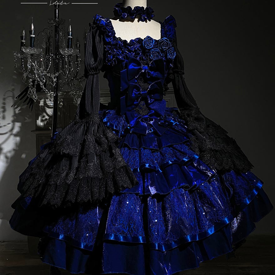 大人ゴシック セットアップ 青薔薇×夜蝶ドレス 姫袖シャツ×JSK｜WithU