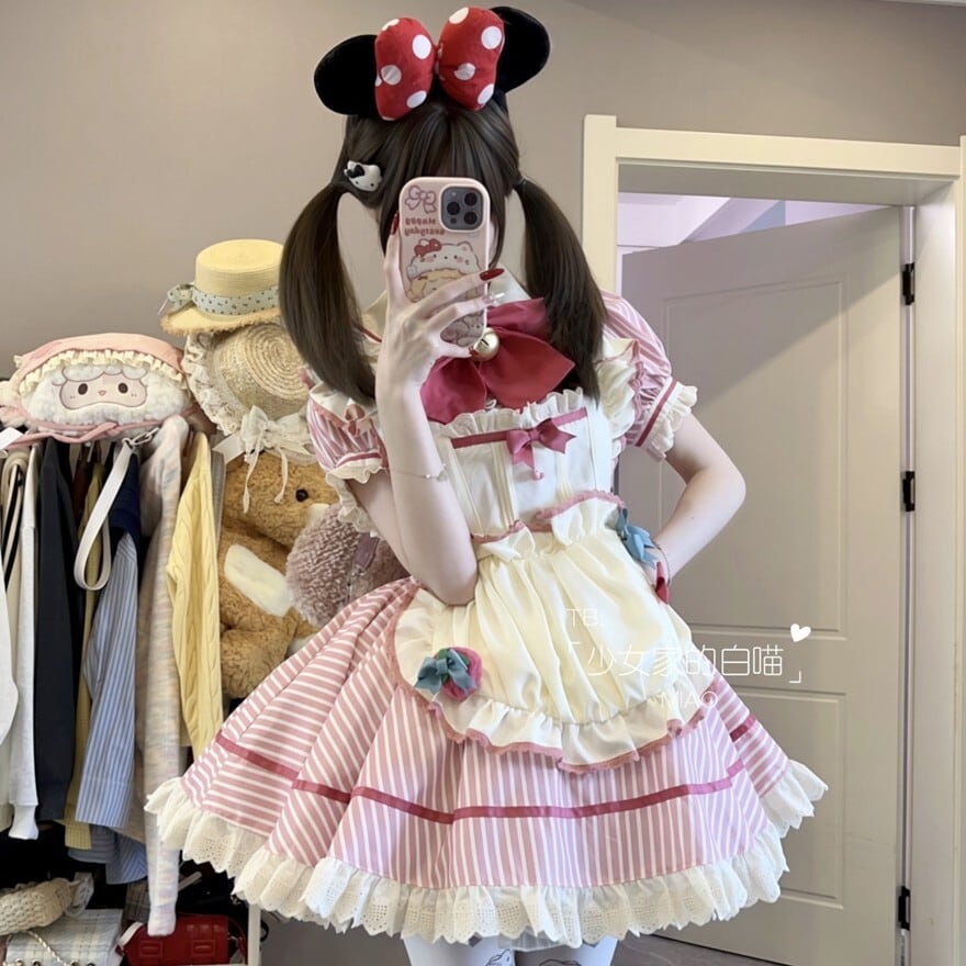 甘ロリ ピンクのストライプメイド服 コスチューム イベント コンカフェ