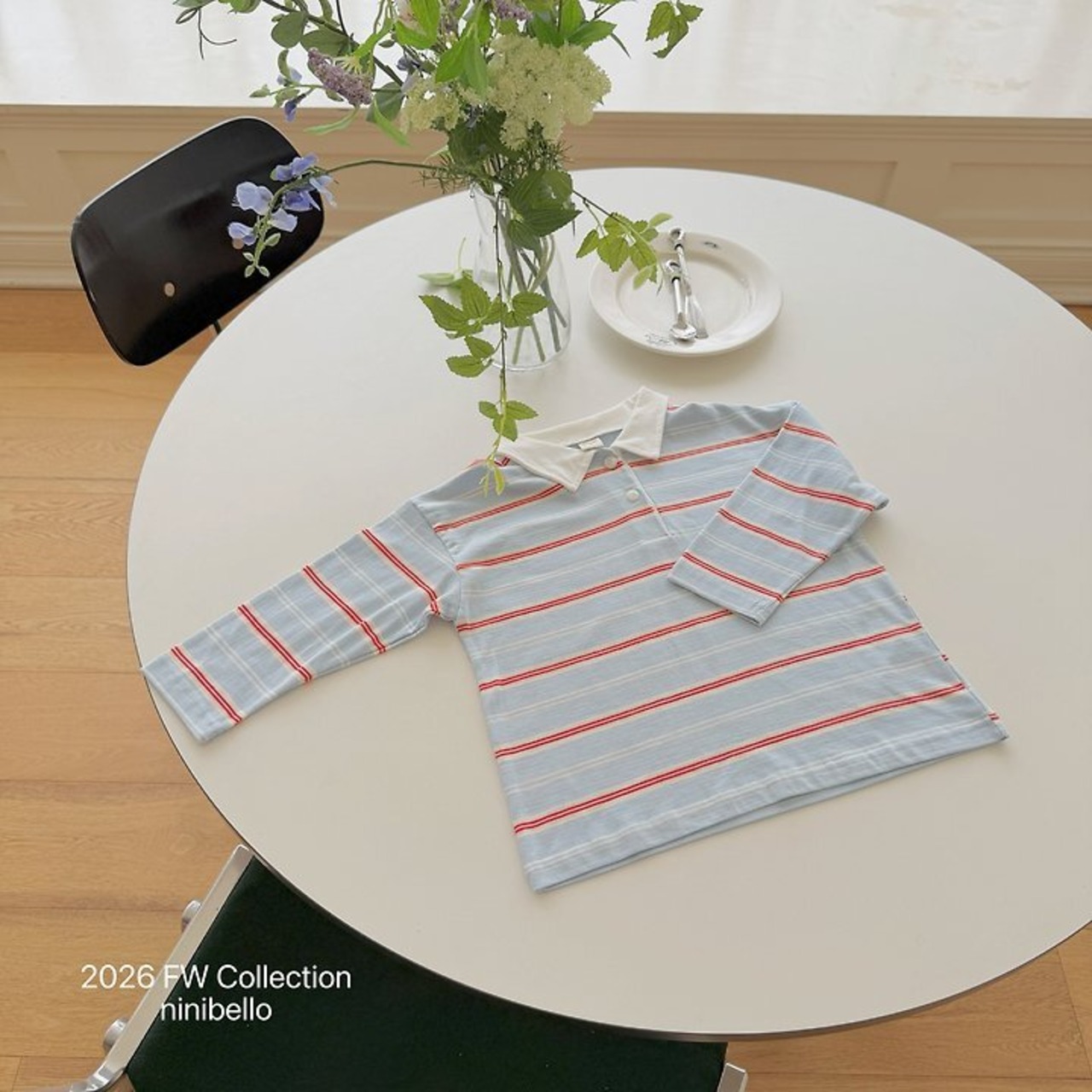 韓国子供服 / ninibello / Milky Stripe Collar T-shirt / 長袖Ｔシャツ *アダルト*