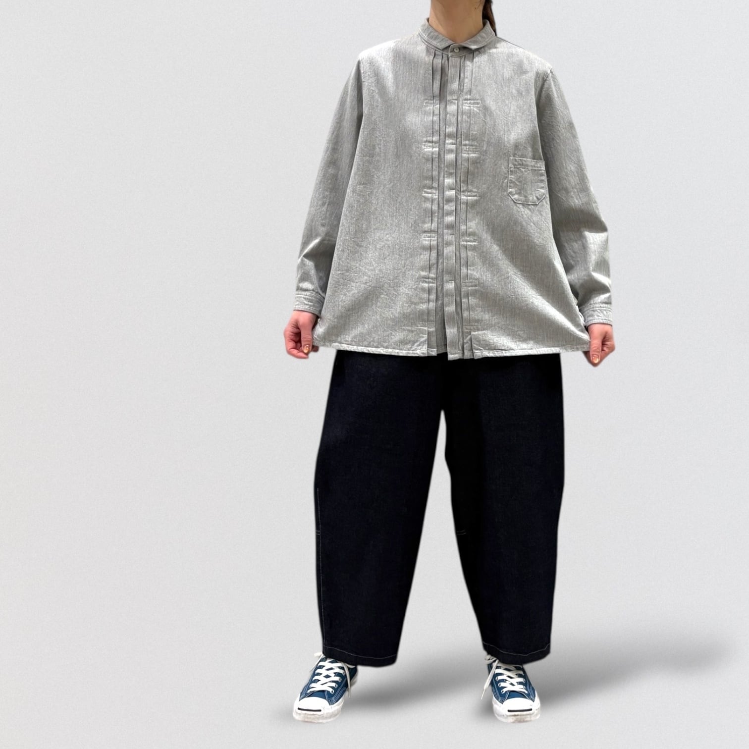 vm 7.5oz recycled denim front pleated shirt | CoCo Cuore