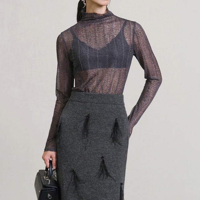 sheer high-neck long-sleeve top　L0320