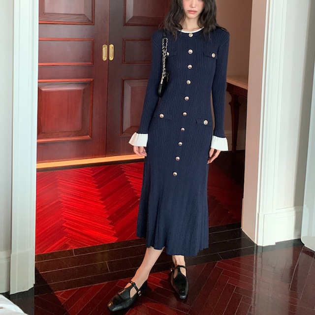 Metal button knit dress 00208