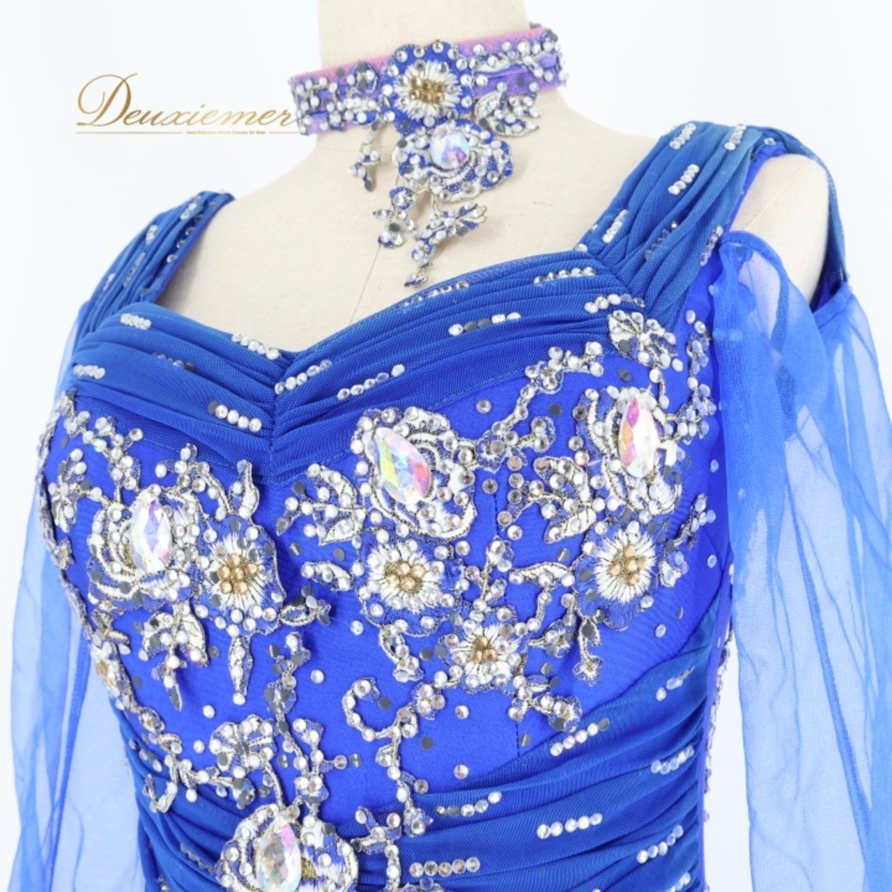 社交ダンス 衣装 スタンダード ドレス ワンピース スタンダードドレス デモ 競技 花柄 フロート レース パーティ 発表会 青 ブルー系 おしゃれ デザイン 上品 きれい スカート 重ね着 競技用 フレアドレス 大人用 発表会衣装 ダンス発表会 フラワープリント 衣装セット レディース ダンスウェア